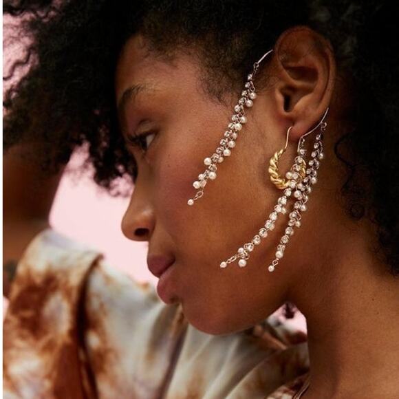 Free People Judy Pearl Ear Chain Cuff Gold Earring Dangle Rhinestone Ear Party - Picture 7 of 11